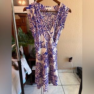 Yumi Kim Blue and White Leaf Print Wrap Dress